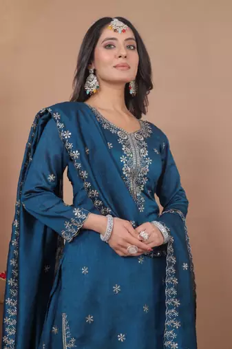 Teal sequins embroidered vichitra silk stitched salwar kameez
