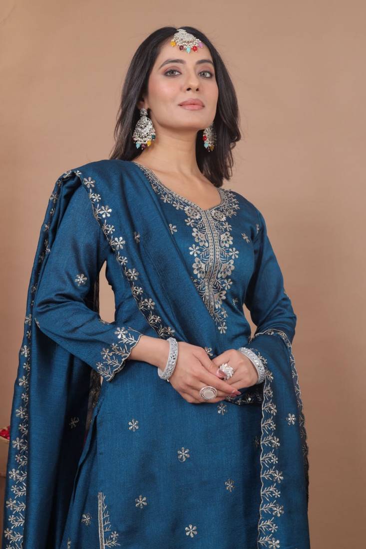 Teal sequins embroidered vichitra silk stitched salwar kameez