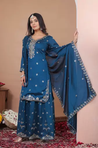 Teal sequins embroidered vichitra silk stitched salwar kameez