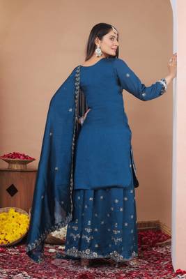 Teal sequins embroidered vichitra silk stitched salwar kameez 4