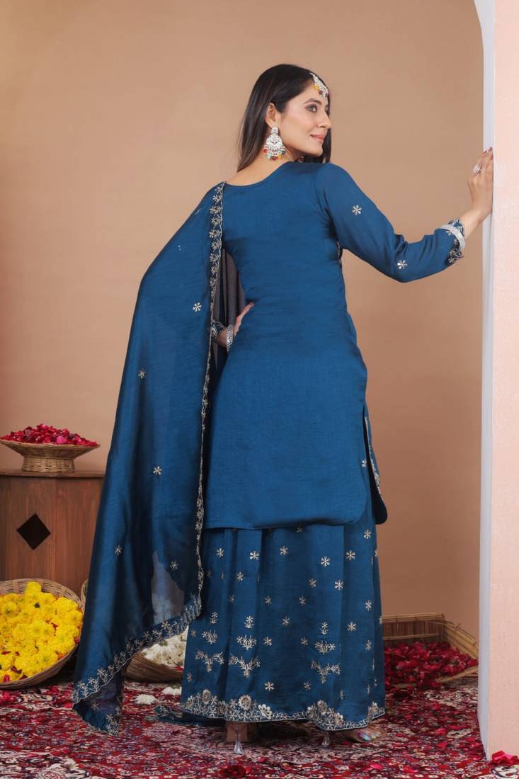 Teal sequins embroidered vichitra silk stitched salwar kameez