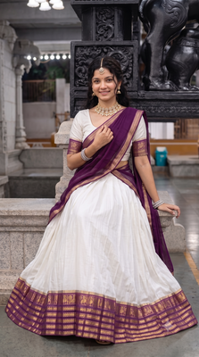 Off-White & Purple  Half Saree Set with Contrast Zari Border and Unstitched Blouse Piece 1