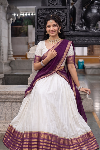 Off-White & Purple  Half Saree Set with Contrast Zari Border and Unstitched Blouse Piece