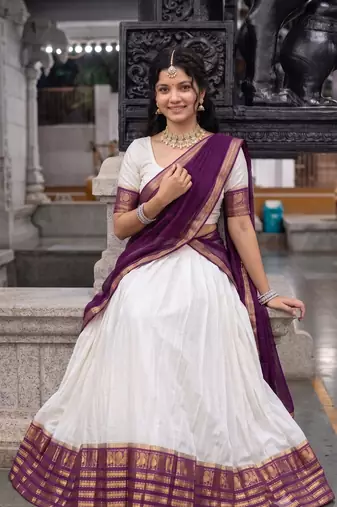 Off-White & Purple  Half Saree Set with Contrast Zari Border and Unstitched Blouse Piece
