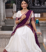 Off-White & Purple  Half Saree Set with Contrast Zari Border and Unstitched Blouse Piece