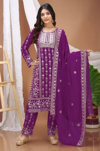 Wine sequins embroidered faux georgette stitched salwar kameez