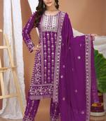 Wine sequins embroidered faux georgette stitched salwar kameez