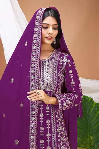 Wine sequins embroidered faux georgette stitched salwar kameez