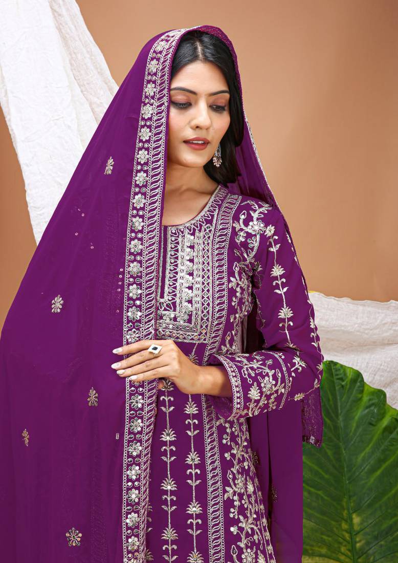 Wine sequins embroidered faux georgette stitched salwar kameez