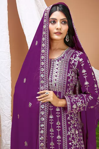Wine sequins embroidered faux georgette stitched salwar kameez
