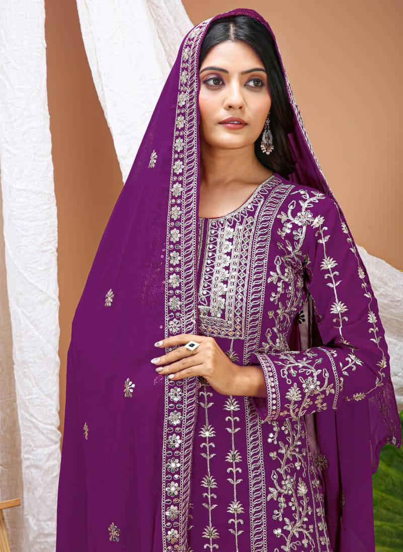 Wine sequins embroidered faux georgette stitched salwar kameez