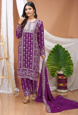 Wine sequins embroidered faux georgette stitched salwar kameez 4