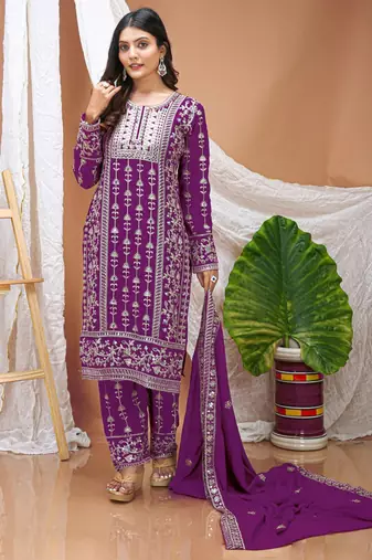 Wine sequins embroidered faux georgette stitched salwar kameez