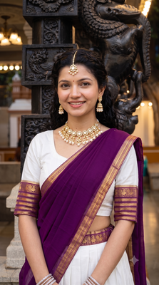 Off-White & Purple  Half Saree Set with Contrast Zari Border and Unstitched Blouse Piece 3