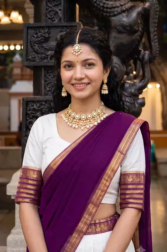 Off-White & Purple  Half Saree Set with Contrast Zari Border and Unstitched Blouse Piece