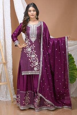 Wine multi thread and sequins embroidered chinon stitched salwar kameez 1