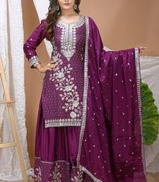 Wine multi thread and sequins embroidered chinon stitched salwar kameez