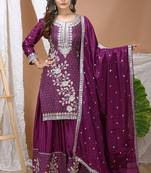 Wine multi thread and sequins embroidered chinon stitched salwar kameez