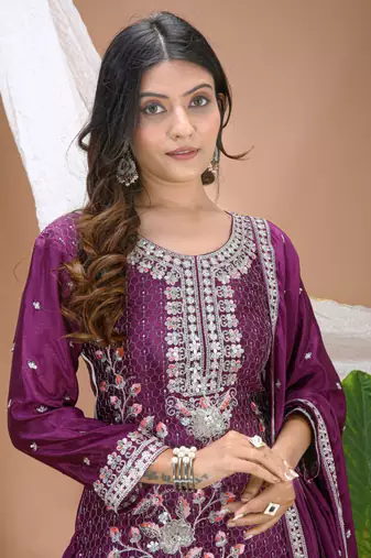Wine multi thread and sequins embroidered chinon stitched salwar kameez