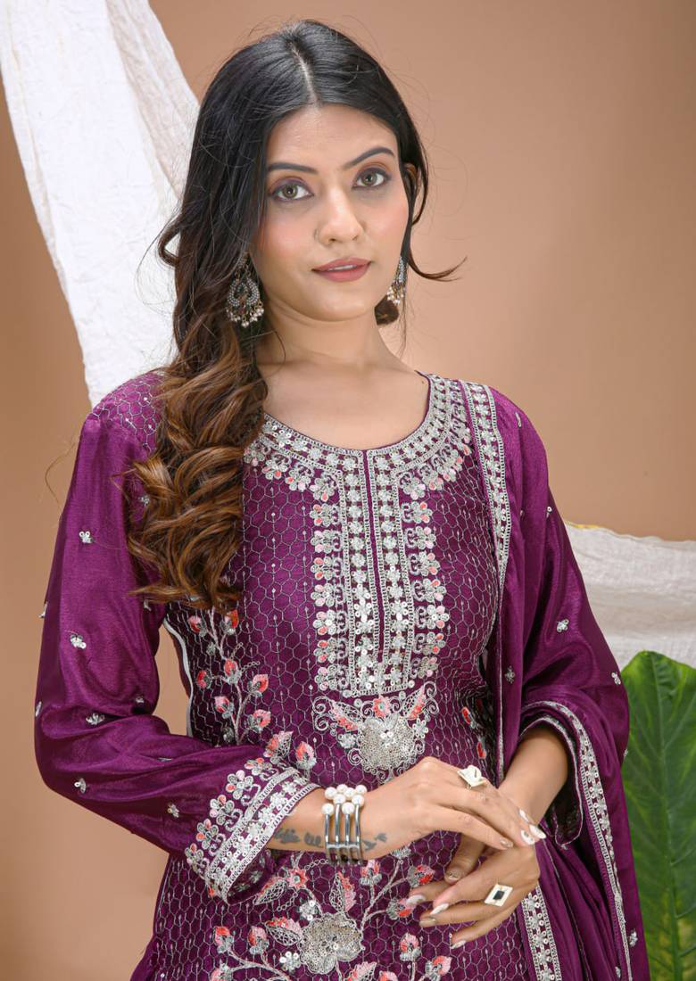 Wine multi thread and sequins embroidered chinon stitched salwar kameez