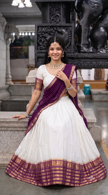Off-White & Purple  Half Saree Set with Contrast Zari Border and Unstitched Blouse Piece 4