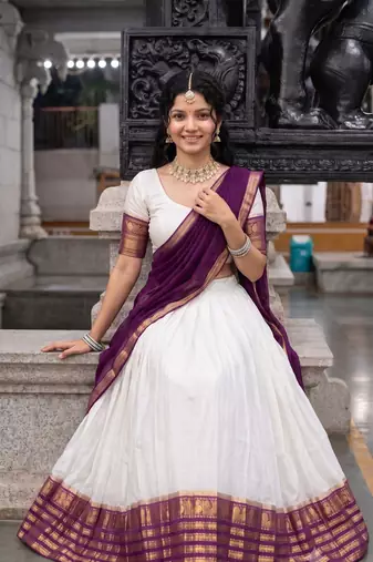 Off-White & Purple  Half Saree Set with Contrast Zari Border and Unstitched Blouse Piece