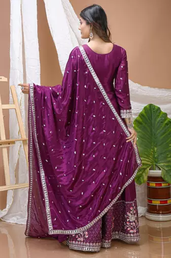 Wine multi thread and sequins embroidered chinon stitched salwar kameez