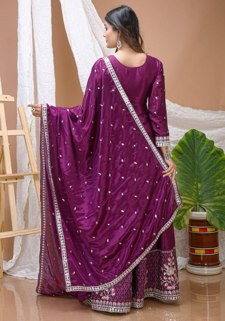 Wine multi thread and sequins embroidered chinon stitched salwar kameez