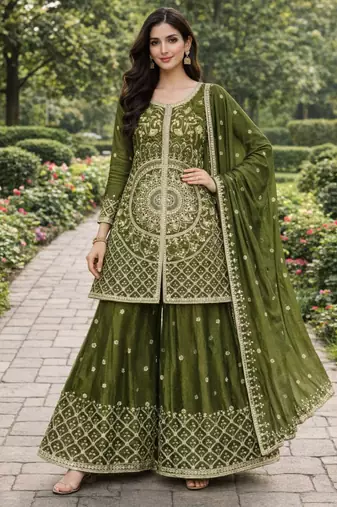Mehendi coding sequence and double sequence 5mm and 3 mm embroidered chinon stitched salwar kameez