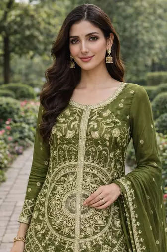 Mehendi coding sequence and double sequence 5mm and 3 mm embroidered chinon stitched salwar kameez