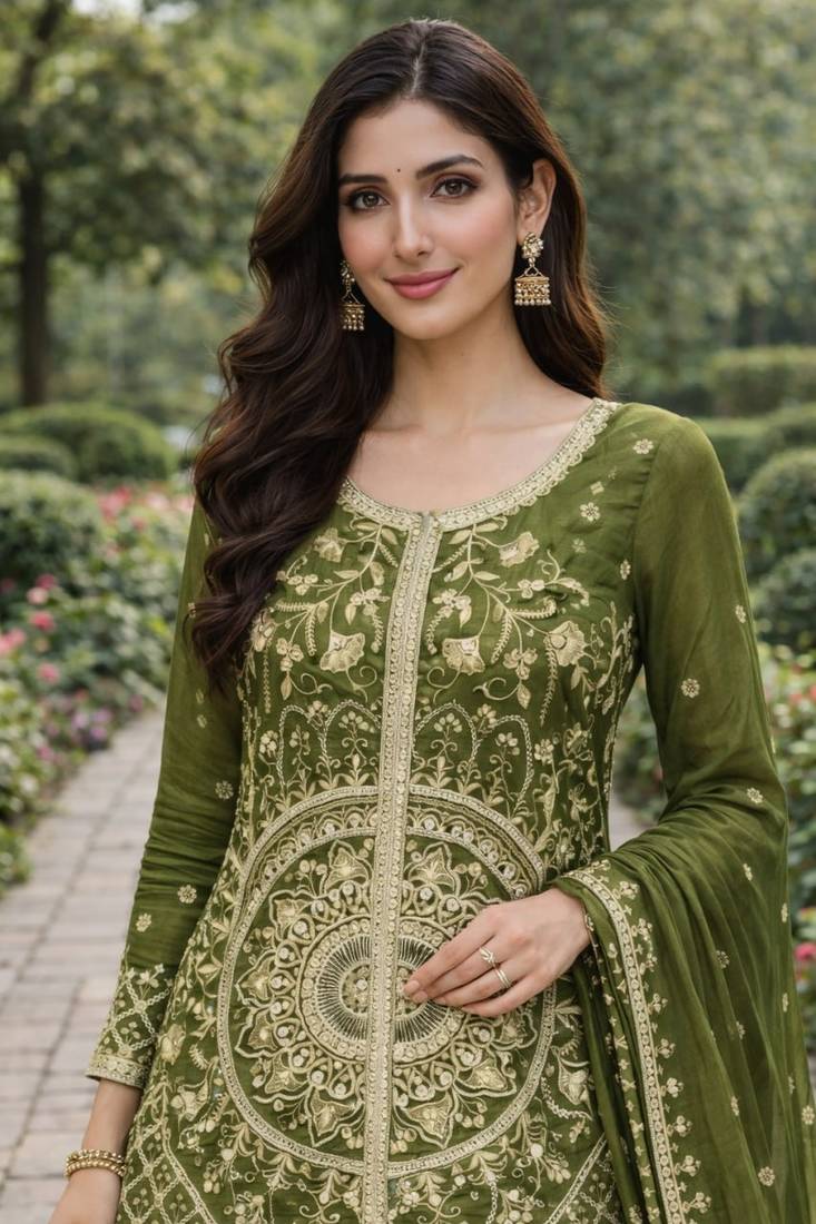 Mehendi coding sequence and double sequence 5mm and 3 mm embroidered chinon stitched salwar kameez