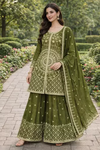 Mehendi coding sequence and double sequence 5mm and 3 mm embroidered chinon stitched salwar kameez