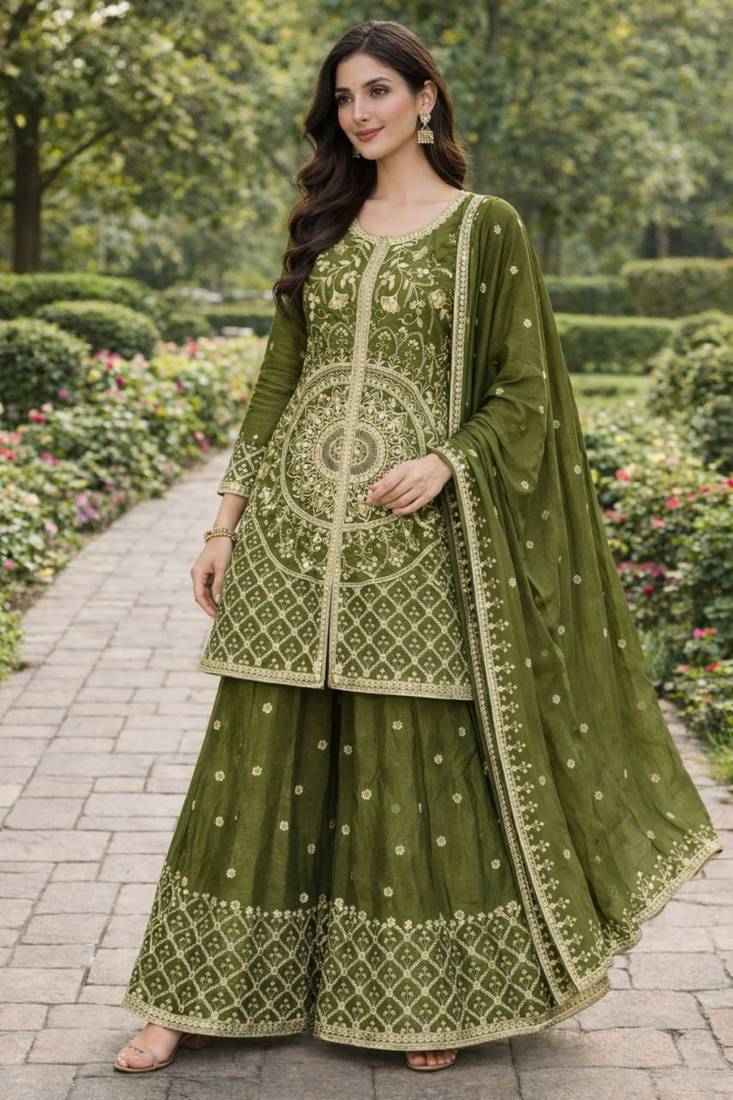 Mehendi coding sequence and double sequence 5mm and 3 mm embroidered chinon stitched salwar kameez