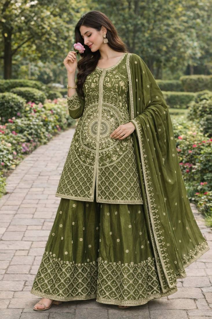Mehendi coding sequence and double sequence 5mm and 3 mm embroidered chinon stitched salwar kameez