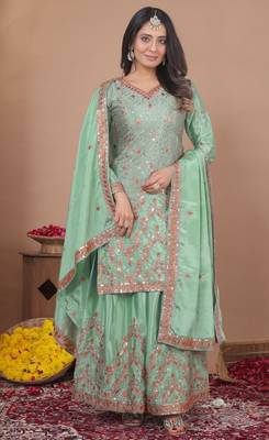 Light-green sequins embroidered chinon stitched salwar kameez 1
