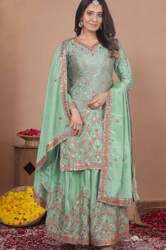 Light-green sequins embroidered chinon stitched salwar kameez