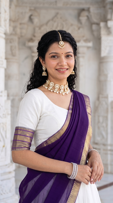 South Indian Traditional Half Saree in Off-White & Deep Violet Blue 3