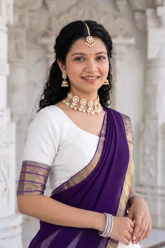 South Indian Traditional Half Saree in Off-White & Deep Violet Blue