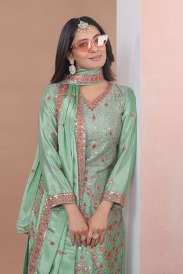 Light-green sequins embroidered chinon stitched salwar kameez 2