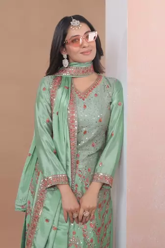 Light-green sequins embroidered chinon stitched salwar kameez