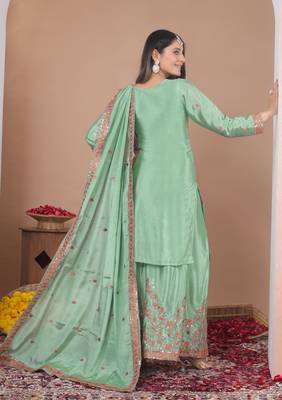 Light-green sequins embroidered chinon stitched salwar kameez 3