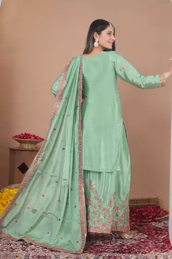 Light-green sequins embroidered chinon stitched salwar kameez