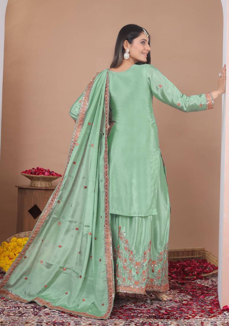 Light-green sequins embroidered chinon stitched salwar kameez