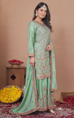 Light-green sequins embroidered chinon stitched salwar kameez 4