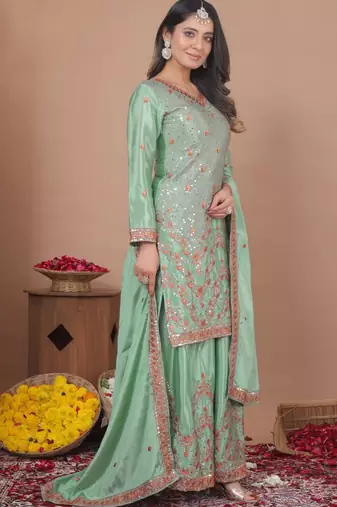 Light-green sequins embroidered chinon stitched salwar kameez