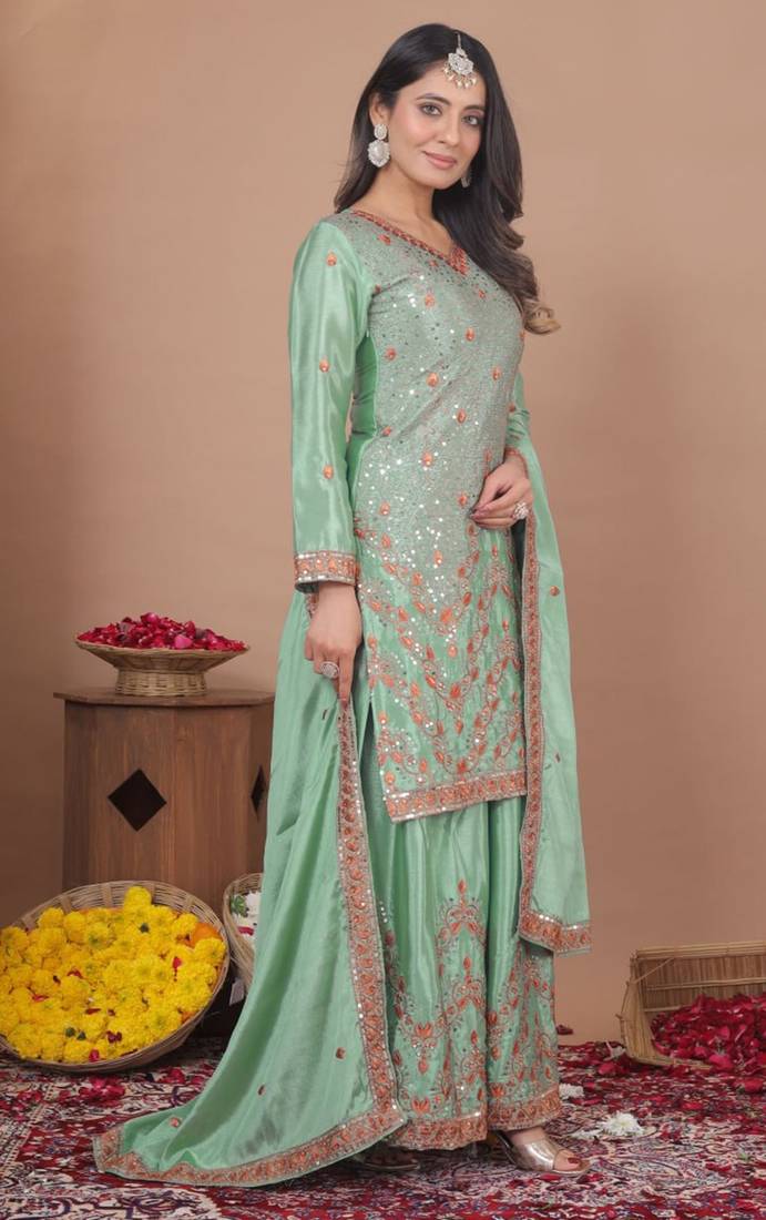 Light-green sequins embroidered chinon stitched salwar kameez