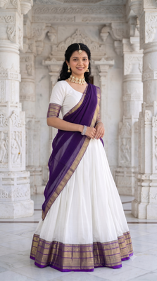 South Indian Traditional Half Saree in Off-White & Deep Violet Blue 1
