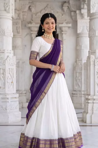 South Indian Traditional Half Saree in Off-White & Deep Violet Blue
