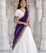 South Indian Traditional Half Saree in Off-White & Deep Violet Blue