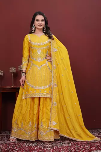 Yellow sequins embroidered chinon stitched salwar kameez